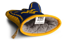 View of the bottom of blue and yellow West Virginia Mountaineers #1 oven mitt WVU collectible