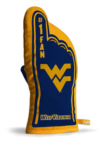 Back of blue and yellow West Virginia Mountaineers #1 oven mitt WVU collectible