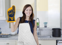 Woman wearing blue and yellow West Virginia Mountaineers #1 oven mitt WVU collectible