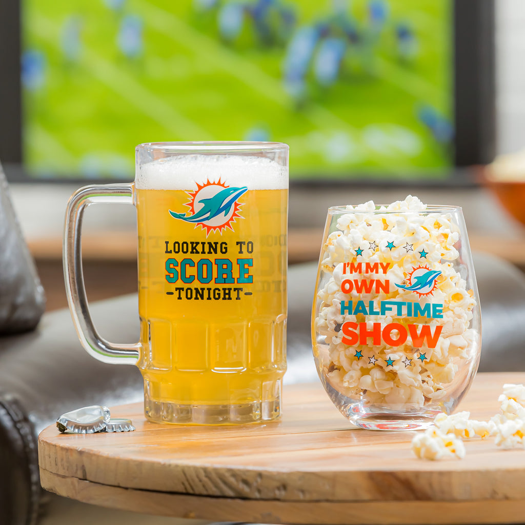 : Team Sports America NFL Miami Dolphins, Stemless 17 OZ Wine  Glass & Beer Mug 16 OZ Gift Set with Box, Keeps Drinks Cold