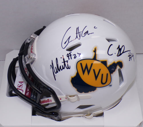 Garrett Greene CJ Donaldson Jahiem White WVU Throwback Signed Mini Helmet