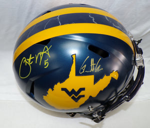 Pat White & Garrett Greene WVU Mountaineers Signed Blue Country Roads Full Size Helmet