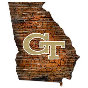 Georgia Tech Yellow Jackets Distressed State Logo Wood Sign