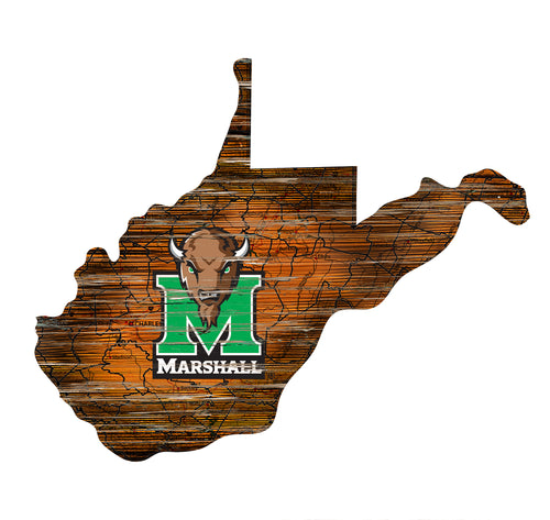 Marshall Thundering Herd Distressed State Logo Wood Sign