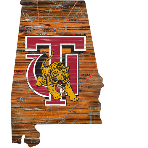 Tuskegee Golden Tigers Distressed State Logo Wood Sign