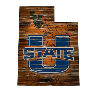 Utah State Aggies Distressed State Logo Wood Sign