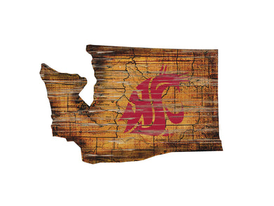 Washington State Cougars Distressed State Logo Wood Sign