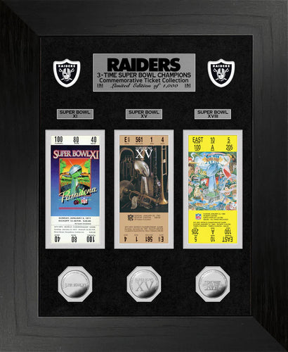 Raiders Super Bowl Ticket and Game Coin Collection Framed