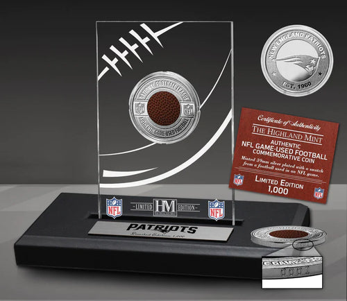 New England Patriots Game Used NFL Football Silver Coin In Commemorative Display