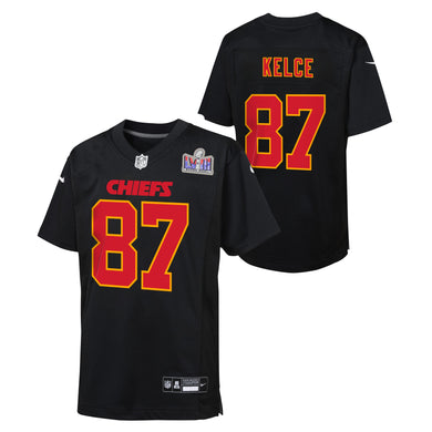 Travis Kelce Kansas City Chiefs #87 Super Bowl LVIII Patch Carbon Game Youth Jersey