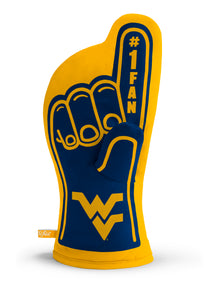 Front view of blue and yellow West Virginia Mountaineers #1 oven mitt WVU collectible