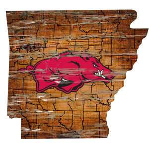 Arkansas Razorbacks Distressed State Logo Wood Sign