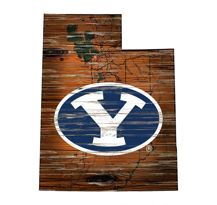 BYU Cougars Distressed State Logo Wood Sign
