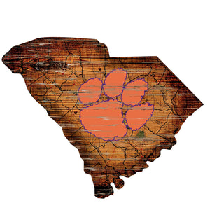 Clemson Tigers Distressed State Logo Wood Sign