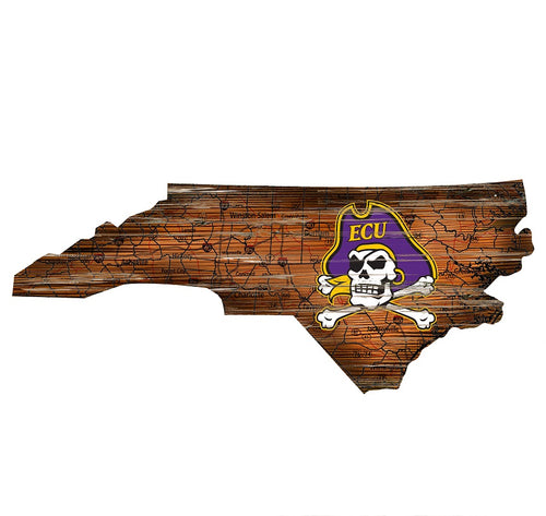 East Carolina Pirates Distressed State Logo Wood Sign