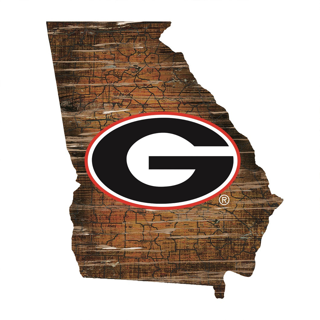 Georgia Bulldogs Distressed State Logo Wood Sign