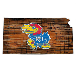 Kansas Jayhawks Distressed State Logo Wood Sign
