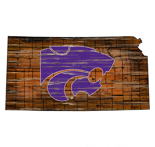 Kansas State Wildcats Distressed State Logo Wood Sign