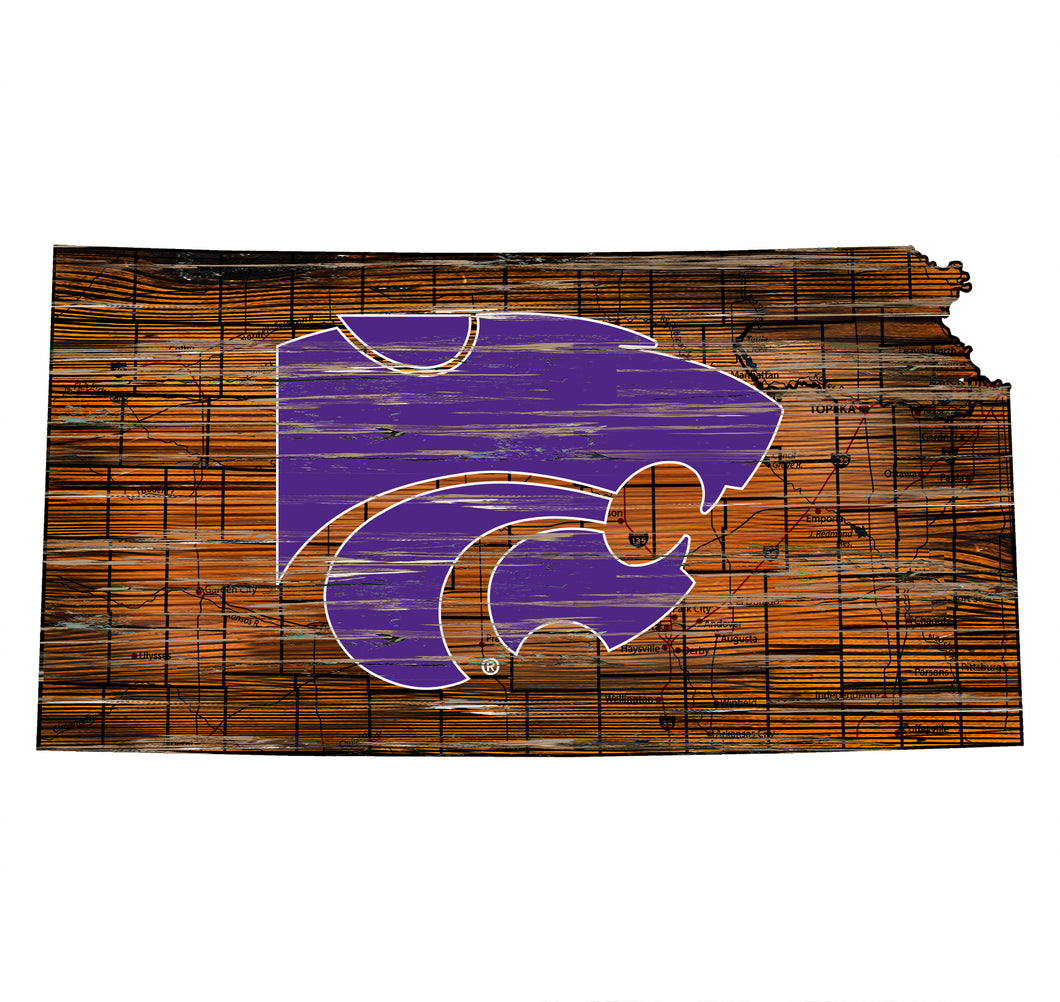 Kansas State Wildcats Distressed State Logo Wood Sign