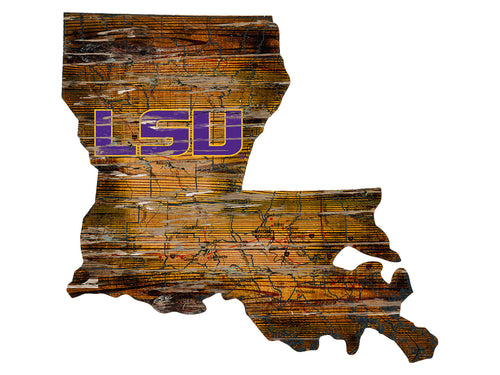 LSU Tigers Distressed State Logo Wood Sign