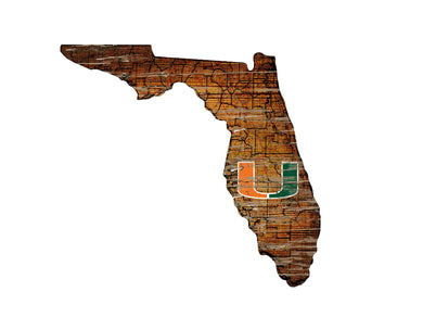 Miami Hurricanes Distressed State Logo Wood Sign