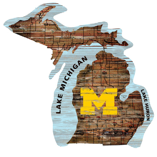 Michigan Wolverines Distressed State Logo Wood Sign