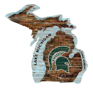 Michigan State Spartans Distressed State Logo Wood Sign