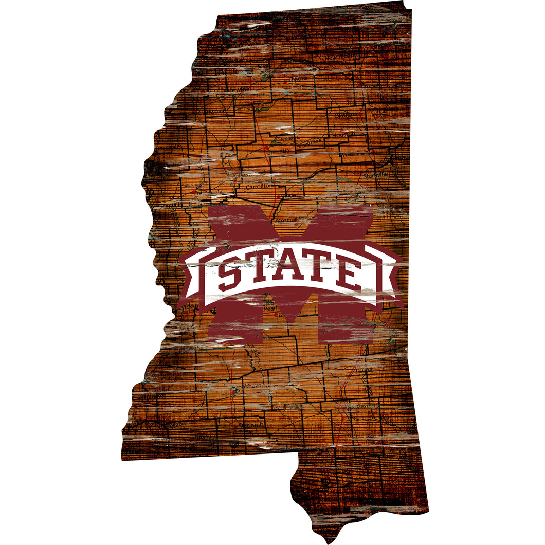 Mississippi State Bulldogs Distressed State Logo Wood Sign