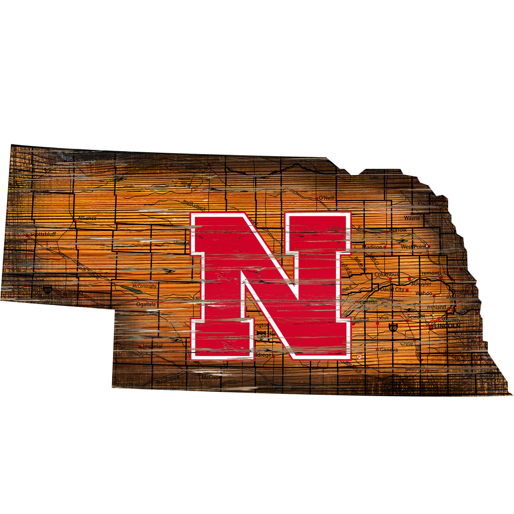 Nebraska Cornhuskers Distressed State Logo Wood Sign