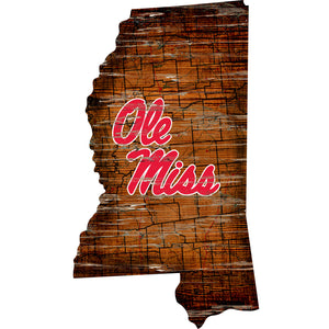 Ole Miss Rebels Distressed State Logo Wood Sign
