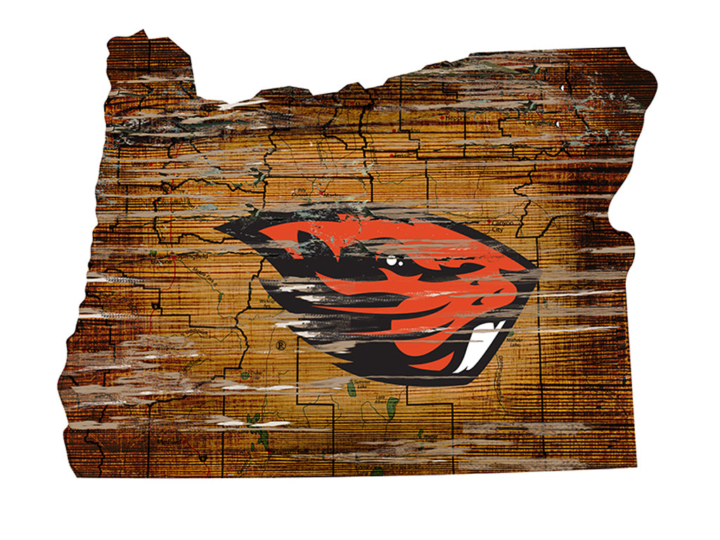 Oregon State Beavers Distressed State Logo Wood Sign