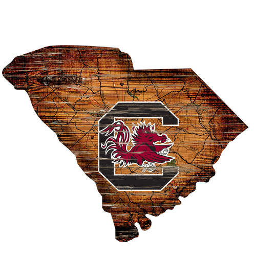 South Carolina Gamecocks Distressed State Logo Wood Sign
