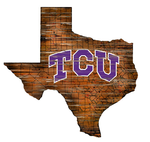 TCU Horned Frogs Distressed State Logo Wood Sign