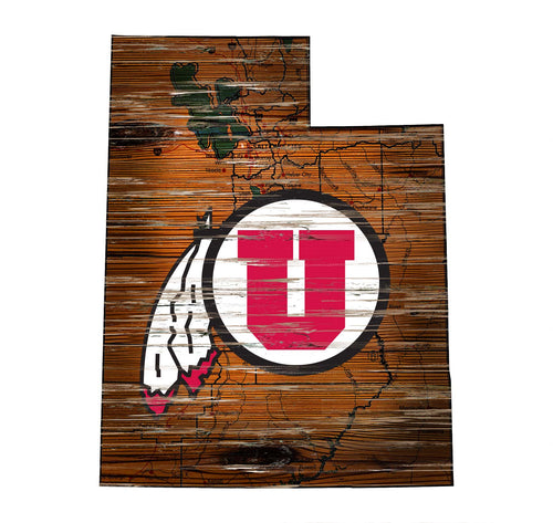 Utah Utes Distressed State Logo Wood Sign