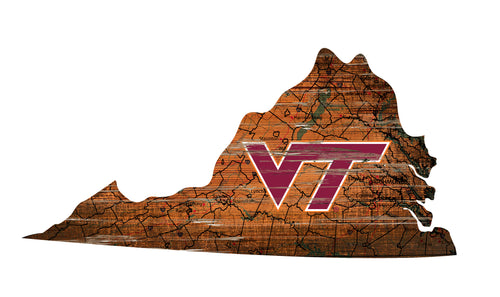 Virginia Tech Hokies Distressed State Logo Wood Sign
