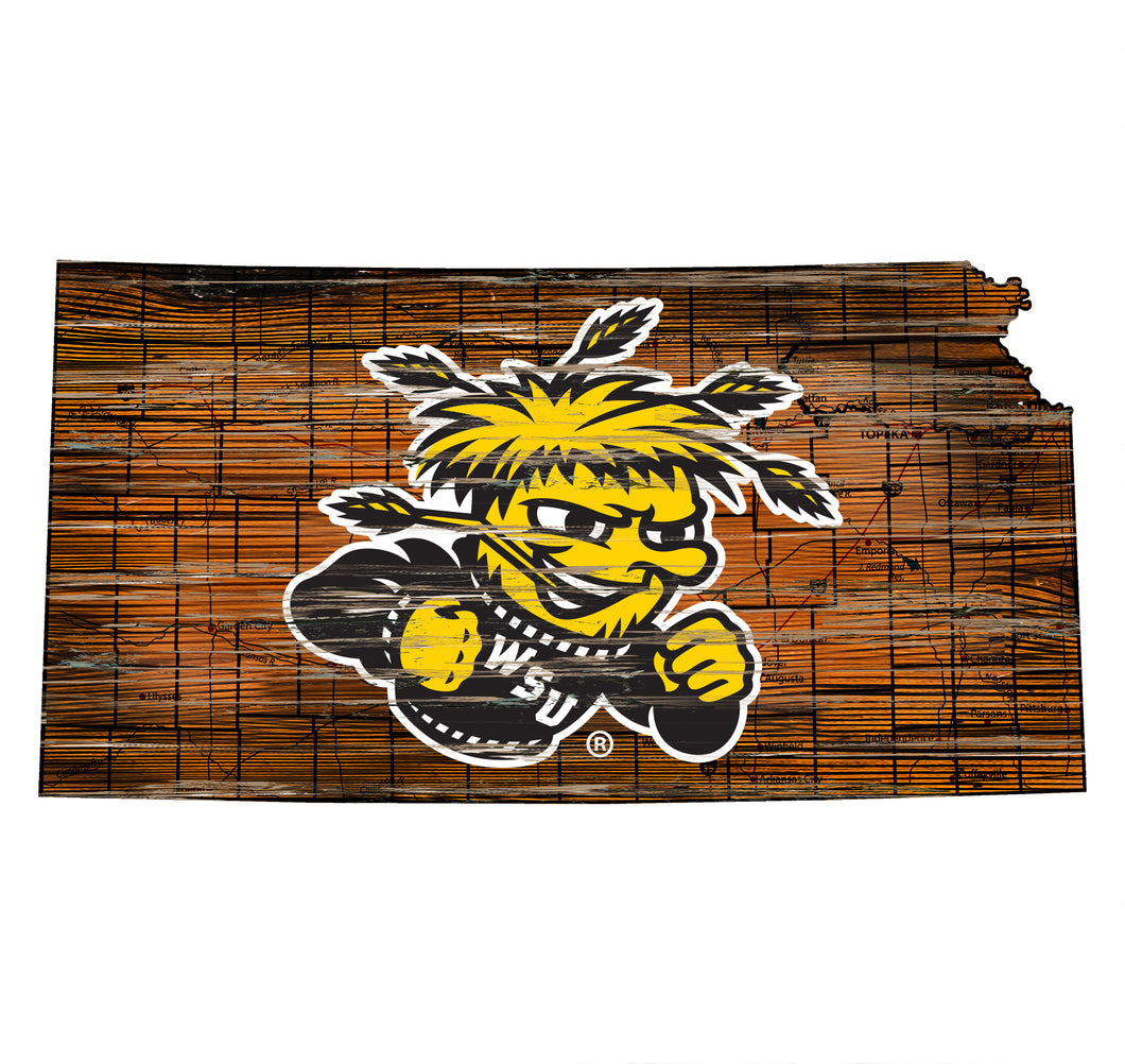 Wichita State Shockers Distressed State Logo Wood Sign