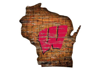 Wisconsin Badgers Distressed State Logo Wood Sign