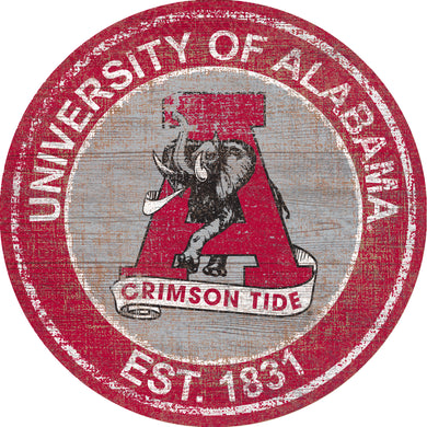 NCAA fan gear Alabama Crimson Tide state distressed wood logo round sign from Sports Fanz