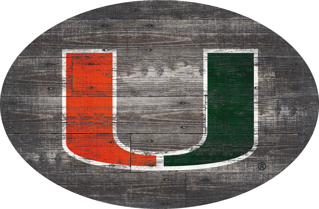 Miami Hurricanes Distressed Wood Oval Sign