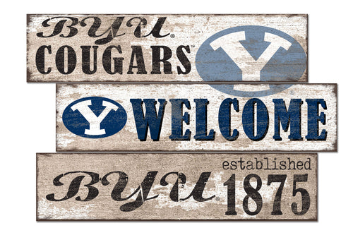 BYU Cougars Welcome 3 Plank Wood Sign