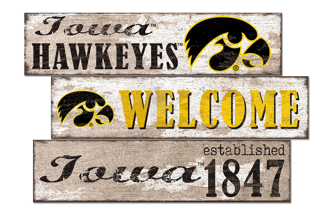 Iowa Hawkeyes Welcome 3 Plank Wood Sign