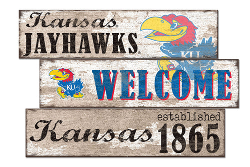 Kansas Jayhawks Welcome 3 Plank Wood Sign