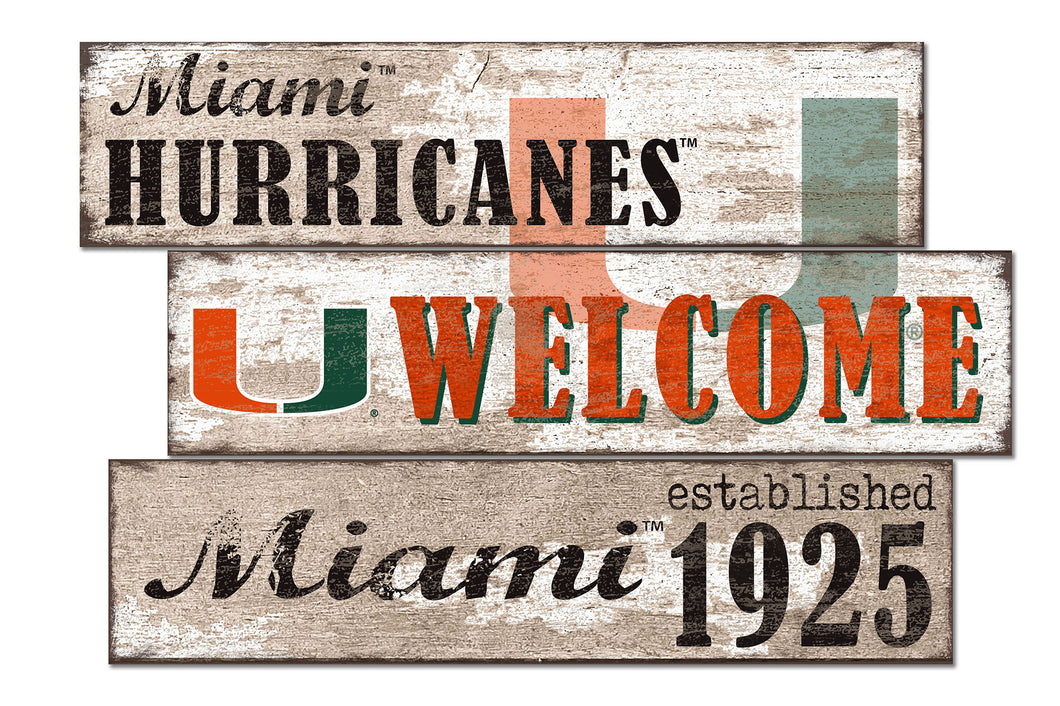 Miami Hurricanes Welcome 3 Plank Wood Sign