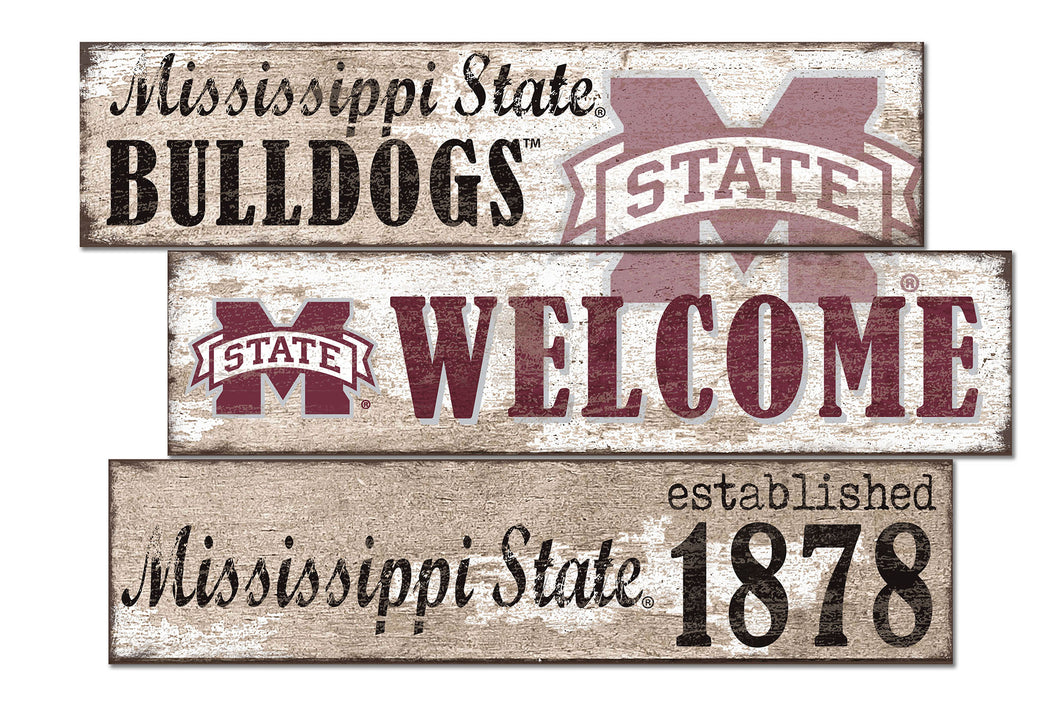 Mississippi State Bulldogs Welcome 3 Plank Wood Sign