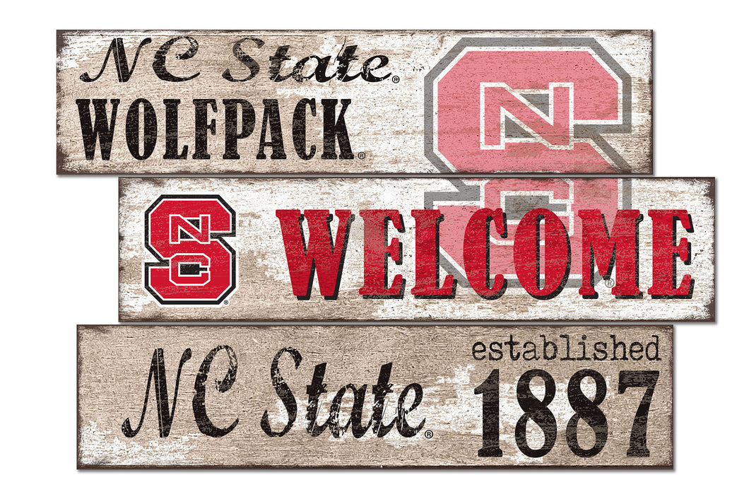 NC State Wolfpack Welcome 3 Plank Wood Sign