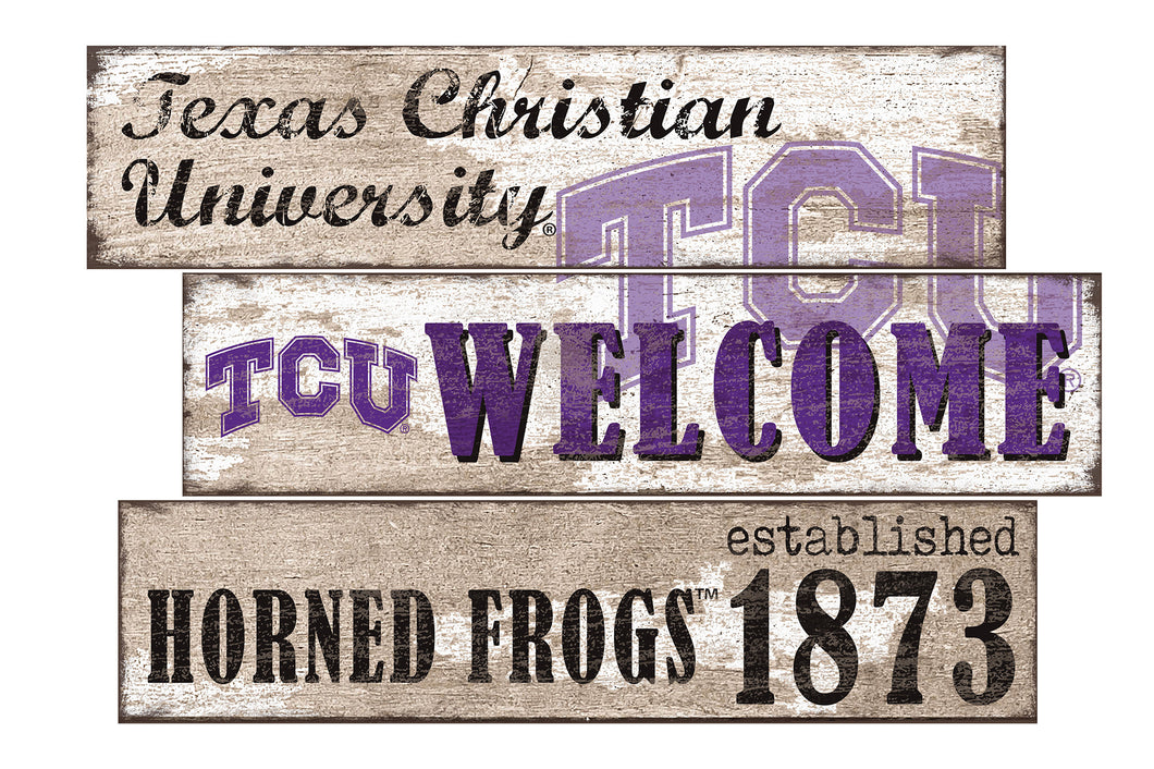 TCU Horned Frogs Welcome 3 Plank Wood Sign