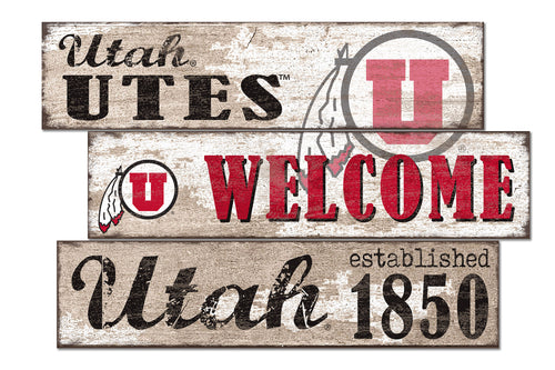 Utah Utes Welcome 3 Plank Wood Sign