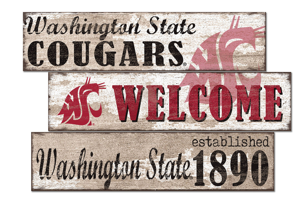 Washington State Cougars Welcome 3 Plank Wood Sign