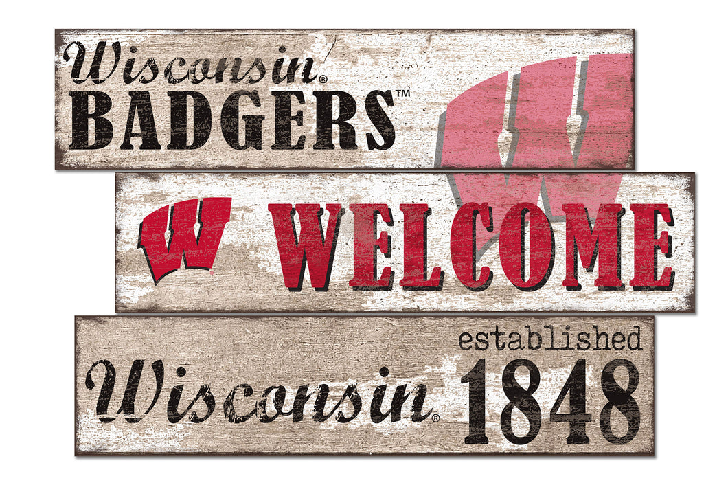 Wisconsin Badgers Welcome 3 Plank Wood Sign