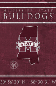 Mississippi State Bulldogs Coordinates Wood Sign - 17"x26"